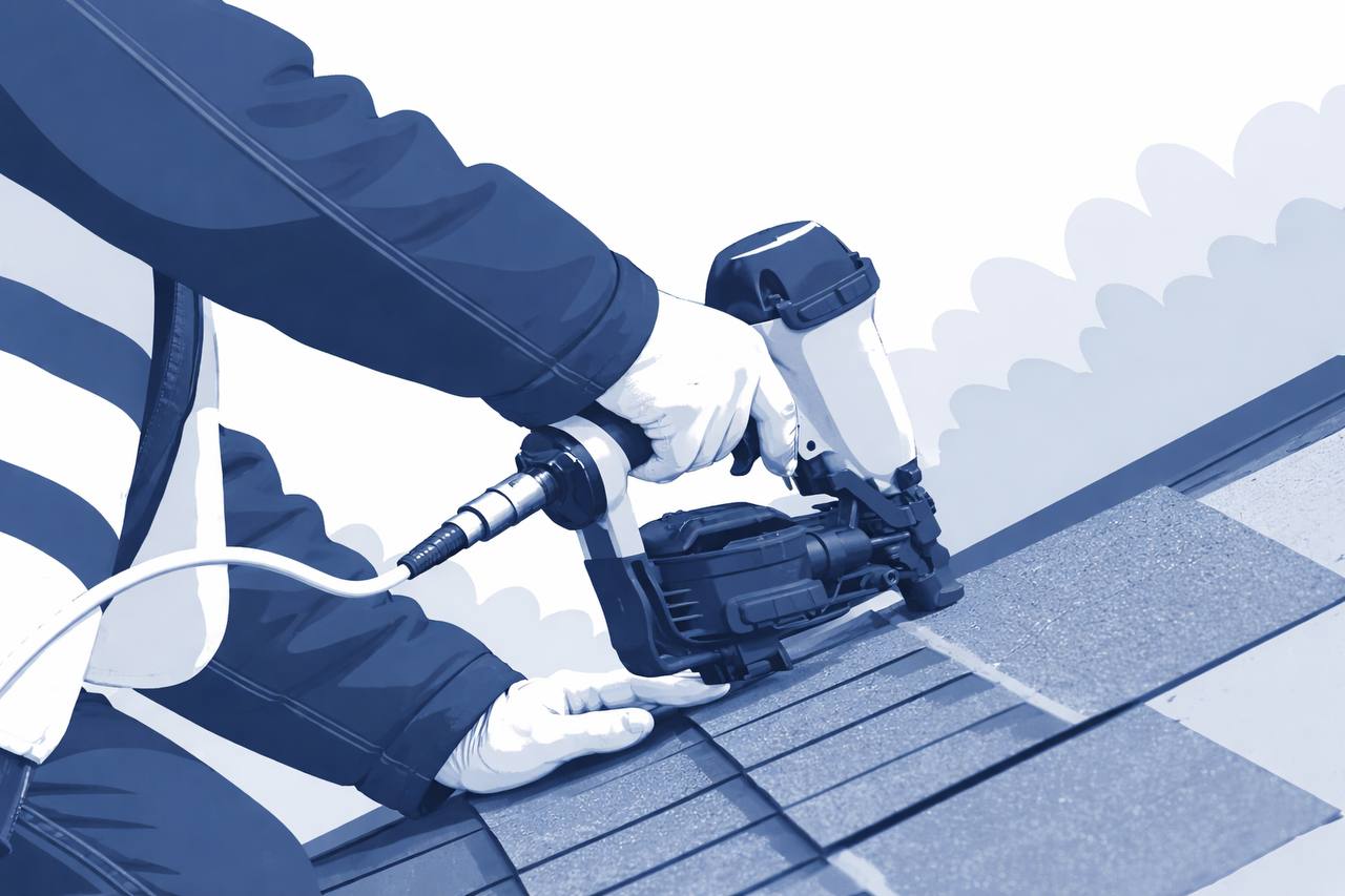 Roofer installing shingles
