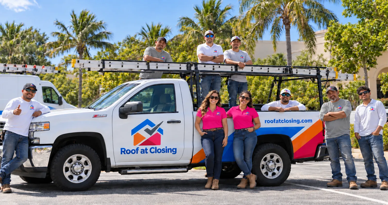 The Roof at Closing crew with a branded Roof at Closing truck in South Florida